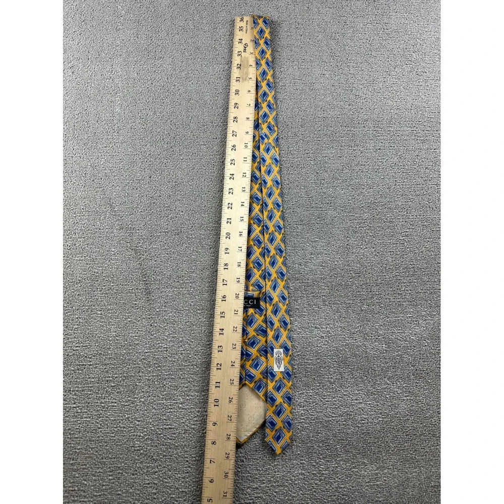 Vintage Gucci Tie Men Yellow Blue Geometric Diamond 100% Silk Italy Made Preppy‎